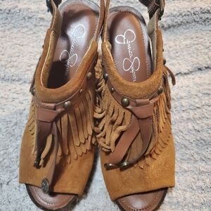 Jessica Simpson Brown Suede Fringe Peep-Toe Mules